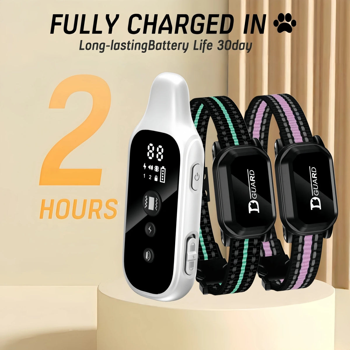 A white remote dog training collar is shown next to two black collars on a light background.