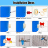Installation steps showing the assembly of an automatic rabbit drinking nipple waterer kit with various components and a blue