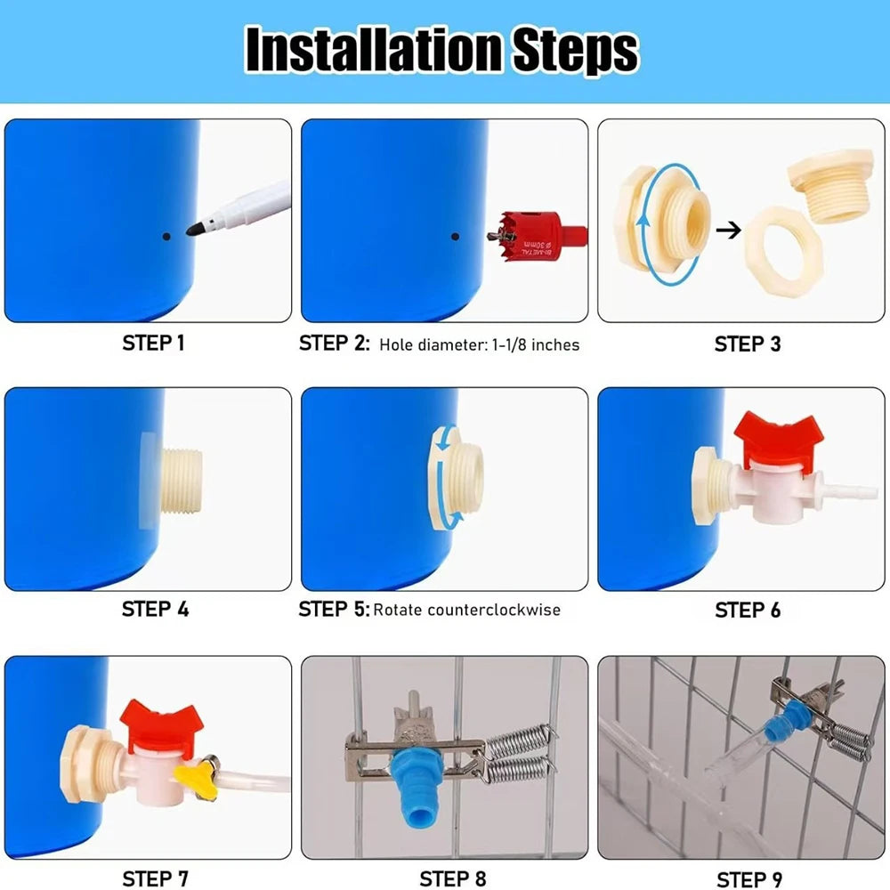 Installation steps showing the assembly of an automatic rabbit drinking nipple waterer kit with various components and a blue