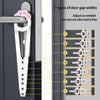 Diagram showing 7 types of door gap widths for an adjustable cat door latch with stabilizer.