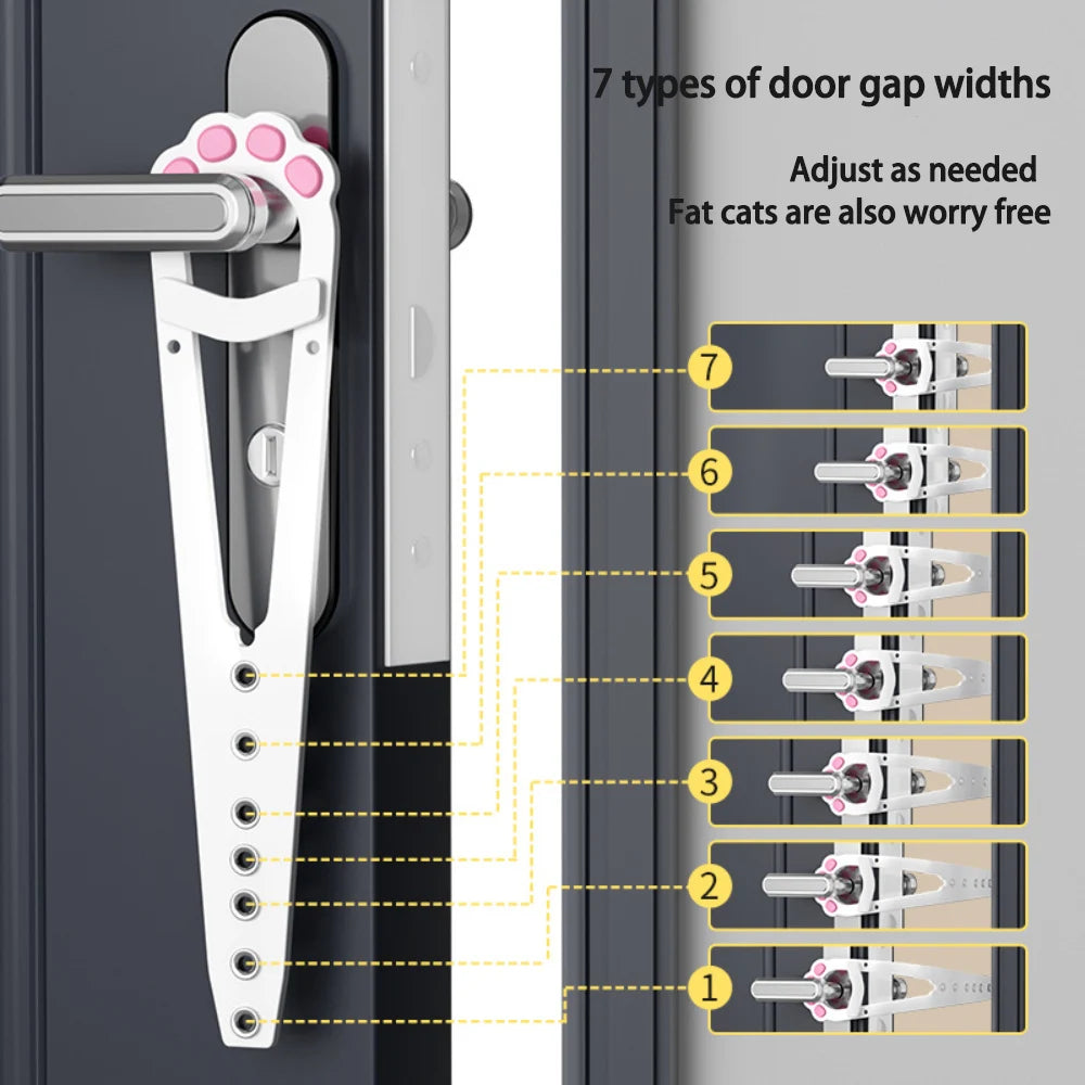 Diagram showing 7 types of door gap widths for an adjustable cat door latch with stabilizer.