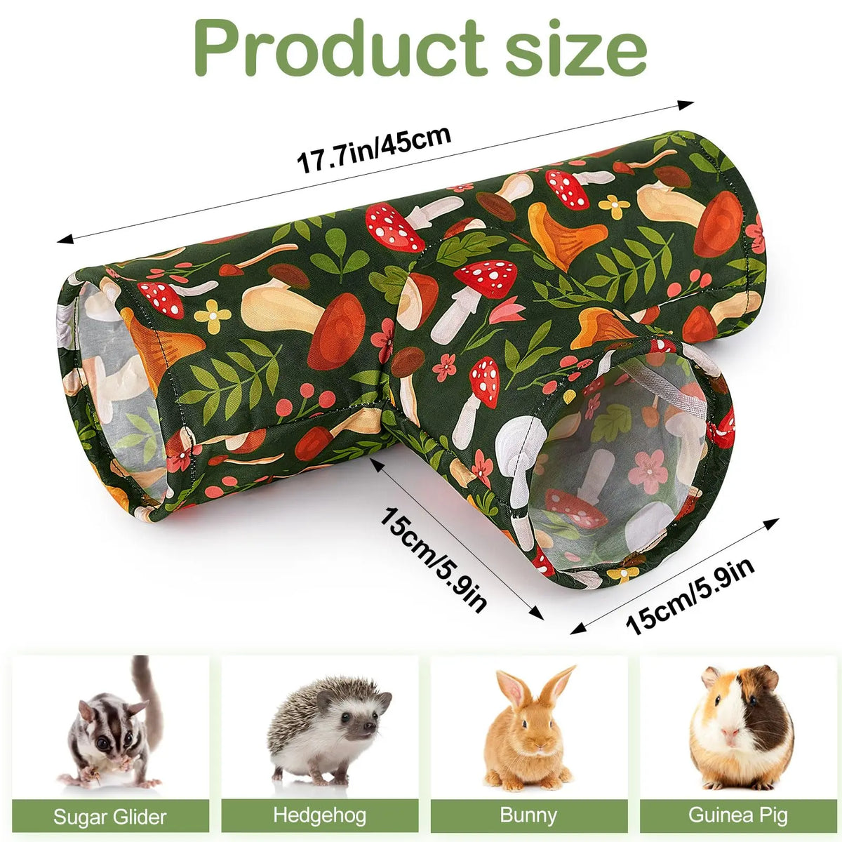 A dark green pet tunnel with a floral pattern shown next to various small animals like a cat, hedgehog, bunny, and guinea pig