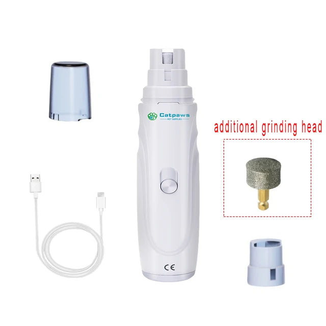 A white electric pet nail grinder with an additional grinding head and a charging cable shown next to the device.