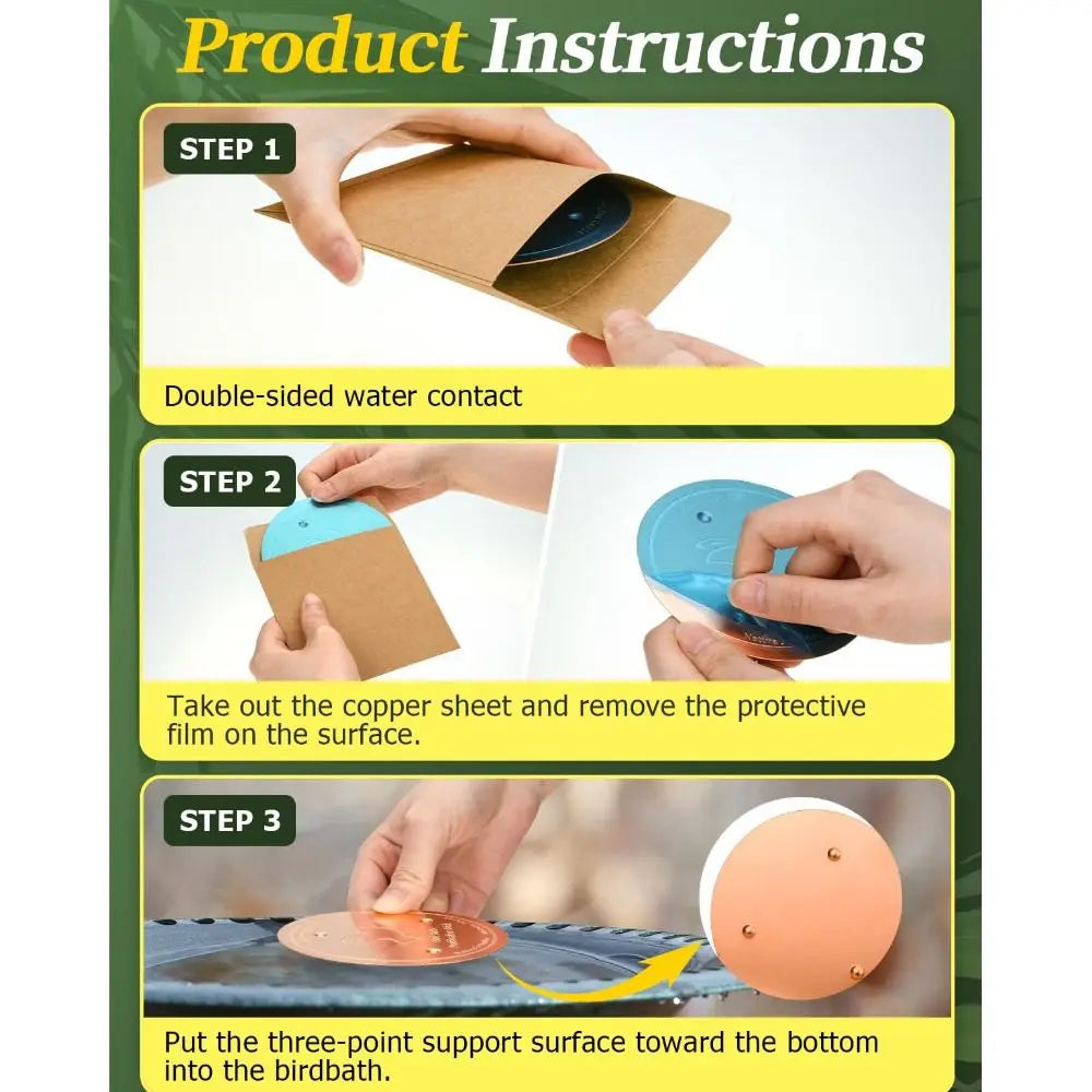 Instructions montrant comment utiliser un disque de bain d'oiseaux en cuivre à triple point pour le contact avec l'eau.