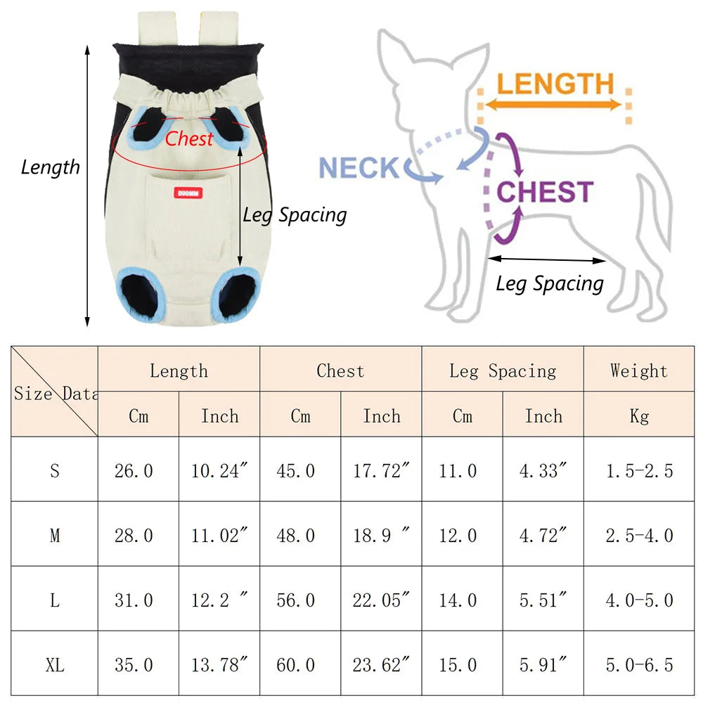 A white cycling walking pet carrier for cats shown with size data tables and a diagram illustrating dimensions.