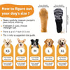 Guide showing measurements for dog socks sizes XS to XL, including paw width and sock length.