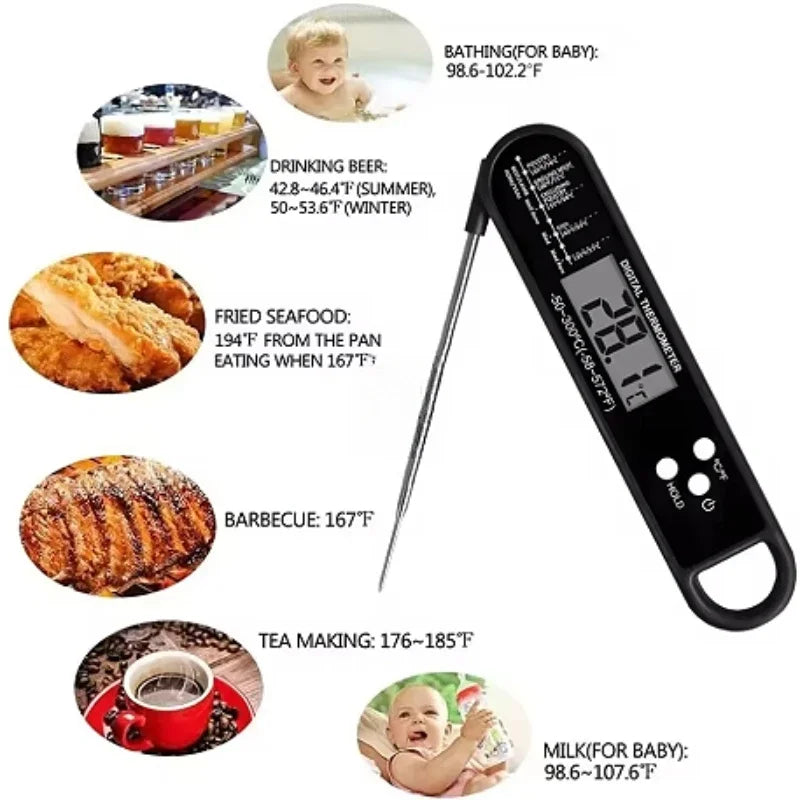 A digital meat thermometer is shown with various food items and temperature readings for BBQ, grilling, and baby food.