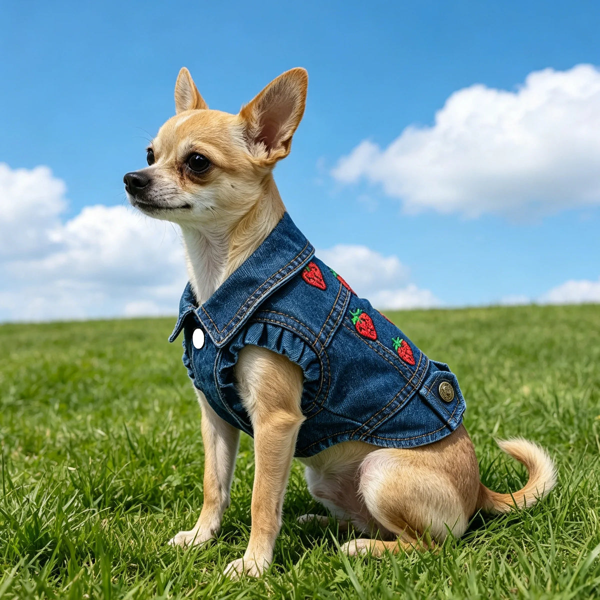 A light brown dog wearing a denim pet jacket with strawberry embroidery, standing in a green field under a blue sky.