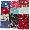 A collection of red, green, and blue patterned cotton pet bandanas for dogs and cats.