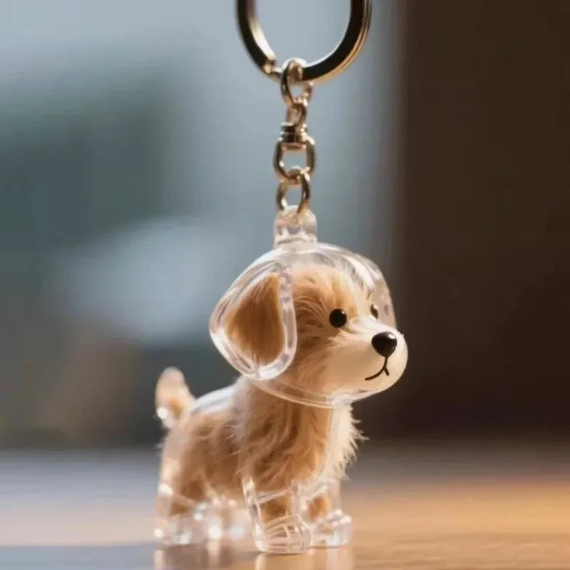 Clé-pendant figurine de chien en plastique transparent avec boucle et petite figurine de chien.