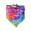 A colorful tie-dye dog accessory set featuring vibrant shades of red, purple, blue, and green.