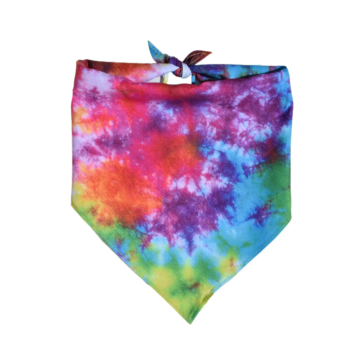 A colorful tie-dye dog accessory set featuring vibrant shades of red, purple, blue, and green.