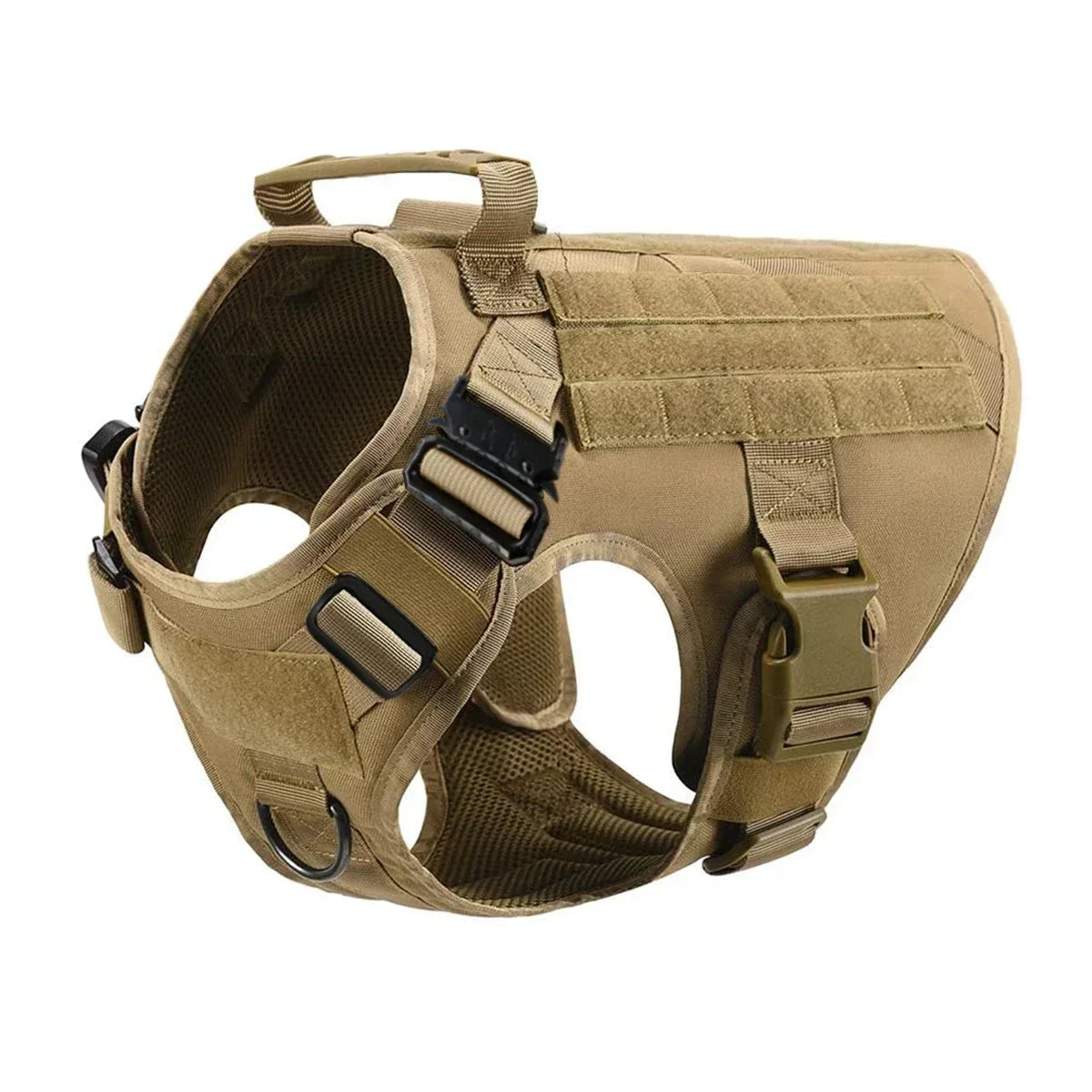 A tan tactical dog harness with a collar and MOLLE pouches shown from above.