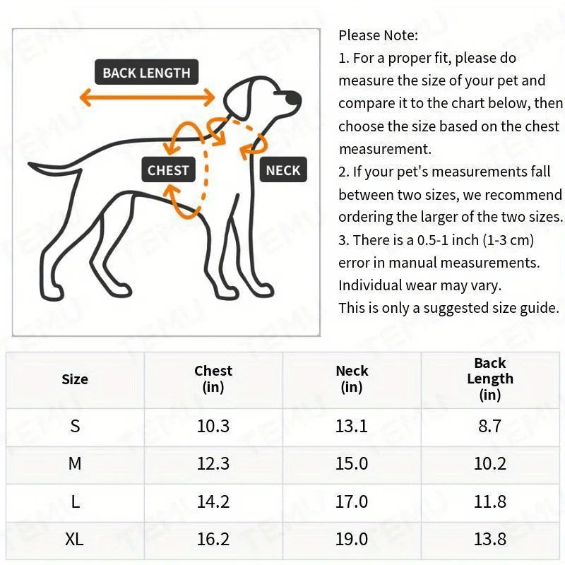 Diagram showing measurements for a dog's fit, including chest, neck, and back length, with sizes S through XL