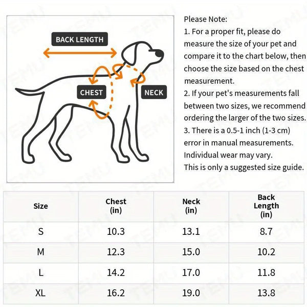 A diagram showing measurements for a dog's fit, including chest, neck, and back length, with corresponding sizes S through XL