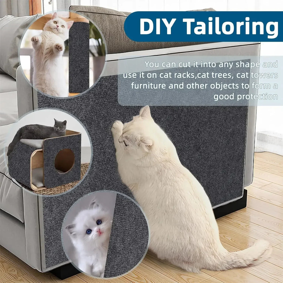 A white cat is shown using a self-adhesive pad protector for a cat tree or furniture.