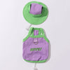 A purple and lime green breathable summer dog vest with a matching sun protection hat.
