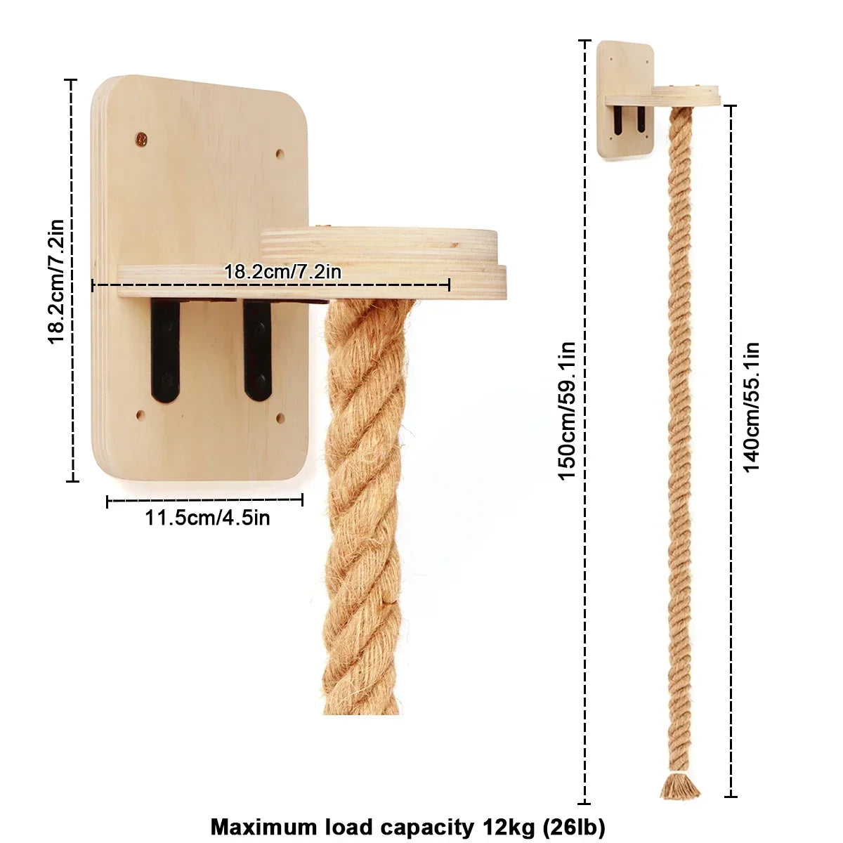 A wooden wall mounted cat climbing shelf featuring a bridge and a rope for climbing, with dimensions shown.
