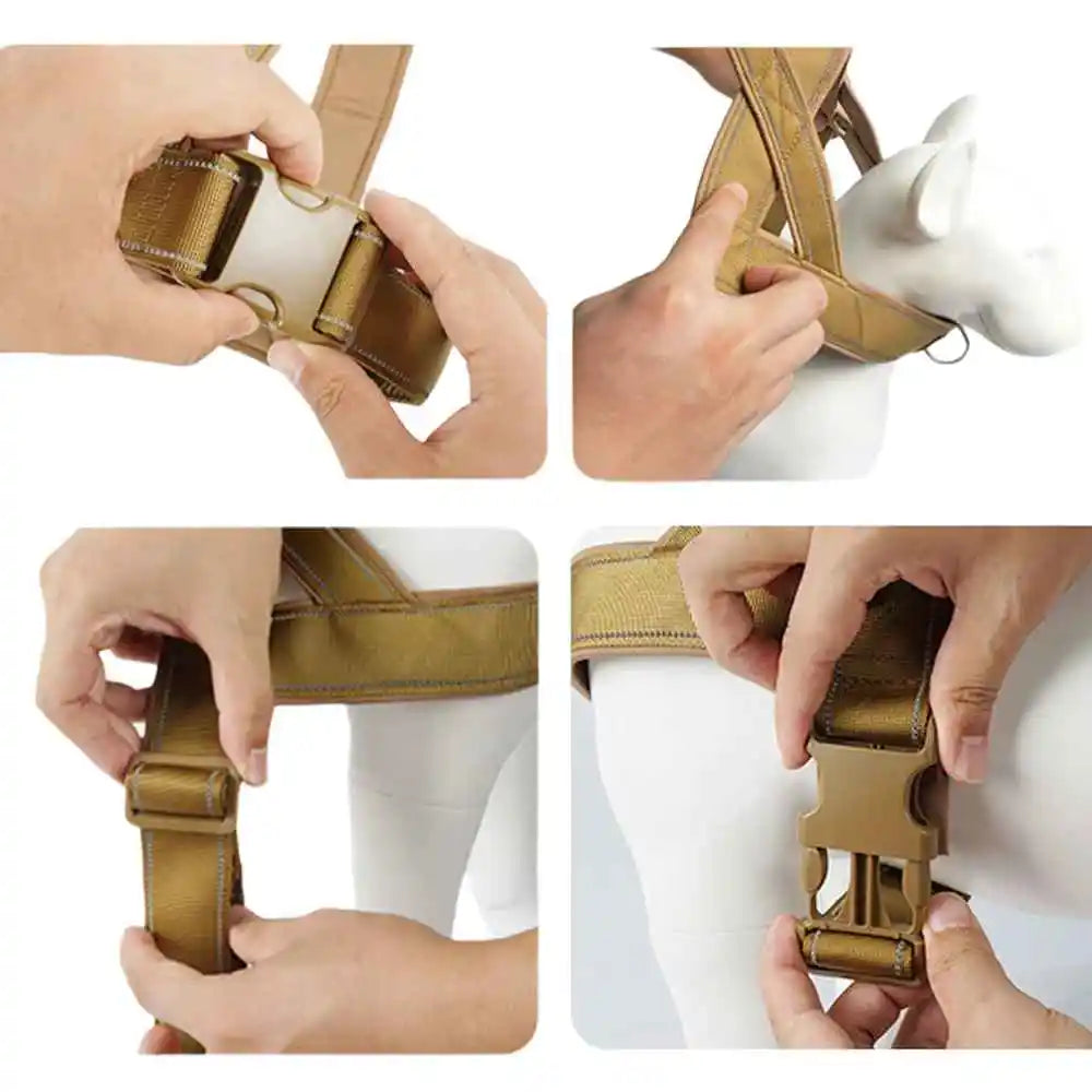 Hands demonstrate the use and fit of a tan tactical anti-pull dog harness on a white animal.