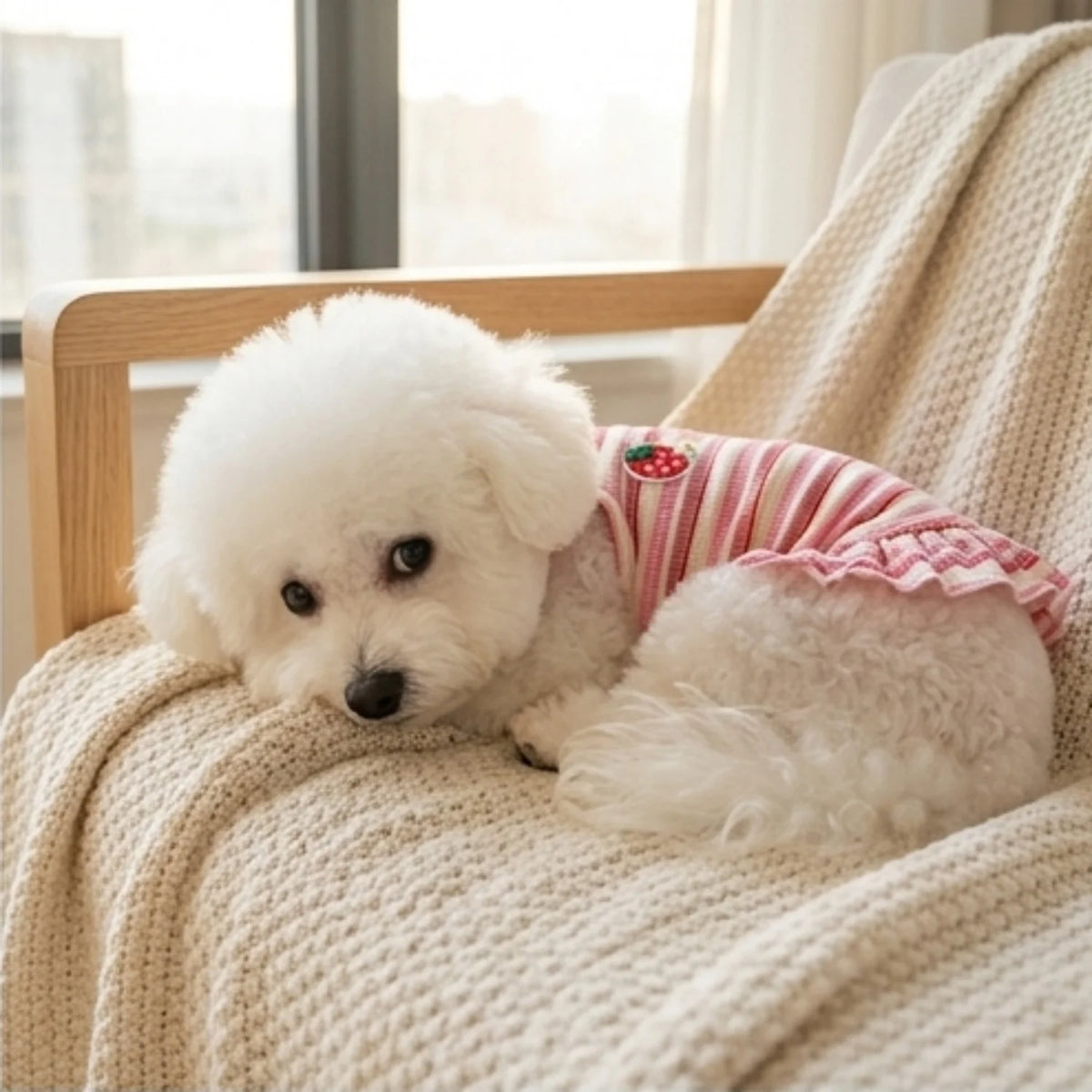 Un cachorro blanco esponjoso con un vestido rosa de volantes descansando en una manta beige junto a una ventana.