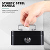A hand is holding a black portable metal cash box with a sturdy steel handle for easy transportation.