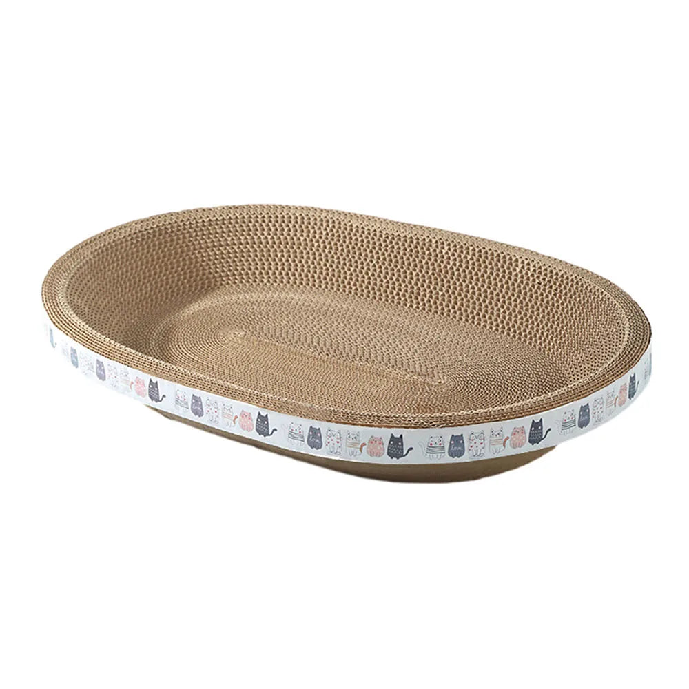 A round, beige corrugated bowl-shaped scratching pad and lounge for cats with a decorative border.