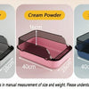 Three semi-enclosed cat litter boxes in grey, pink, and blue showing different dimensions.