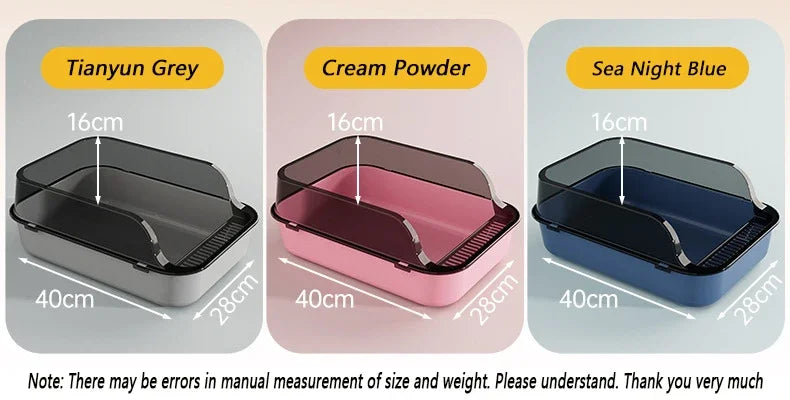 Three semi-enclosed cat litter boxes in grey, pink, and blue showing different dimensions.