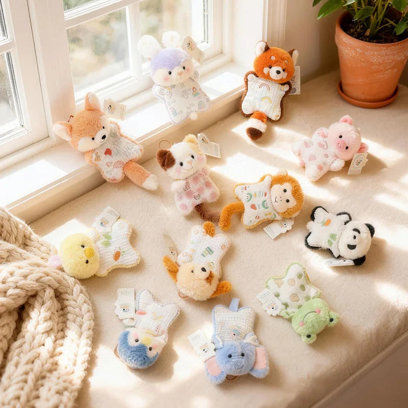 A collection of soft, cartoon animal bean bag plush toys in various colors and textures arranged on a light-colored surface.