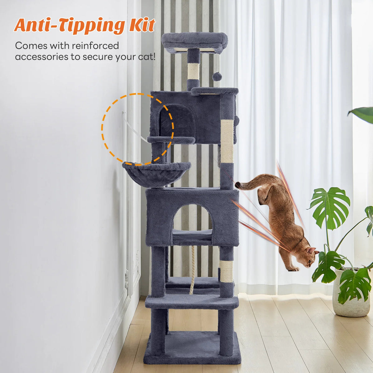A multi-level gray cat climbing tree with reinforced accessories and sisal scratching posts shown next to a cat.