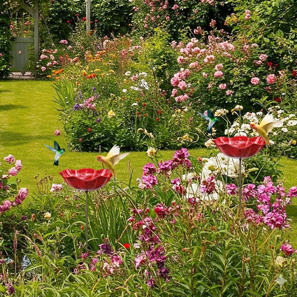A close-up of a stainless steel bird feeder filled with colorful seeds and birds in a lush garden setting.