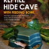 A reptile hide cave with a feeding bowl is shown, featuring a small lizard inside the enclosure.