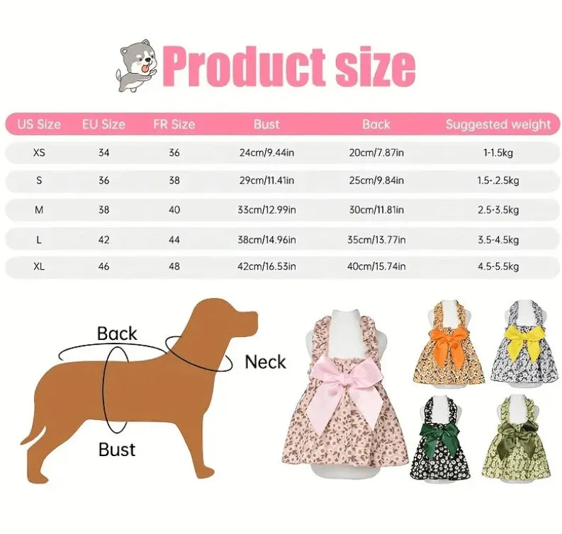 A chart showing size conversions for a Princess Style Summer Strap Dress for small dogs across various sizes and weights.