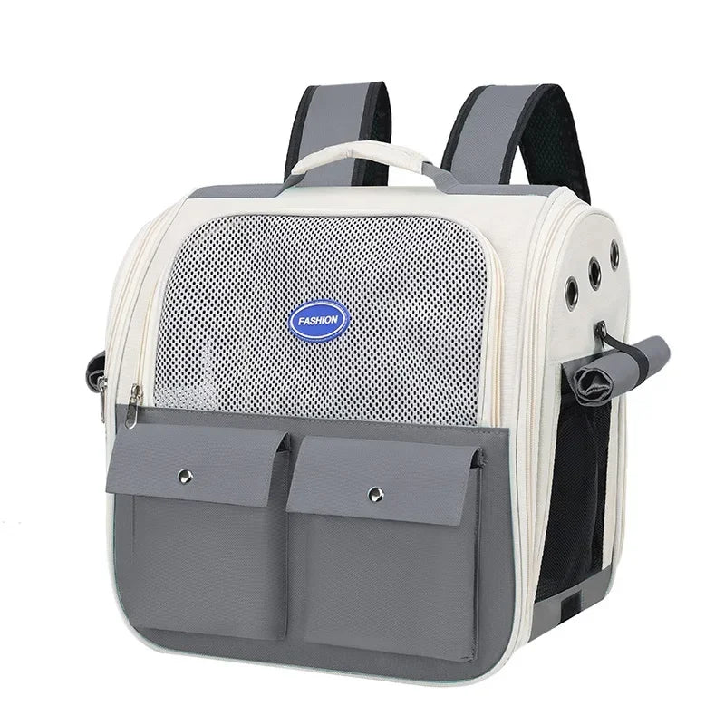 A light beige and gray ventilated backpack designed as a cat carrier with adjustable straps.