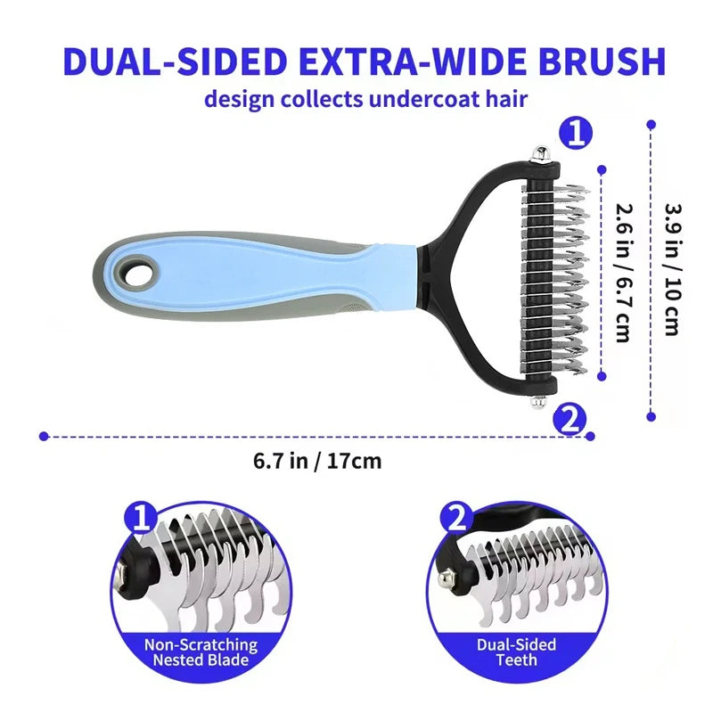 A dual-sided extra-wide brush with a light blue handle and black bristles, shown with detailed views of the blade and teeth.