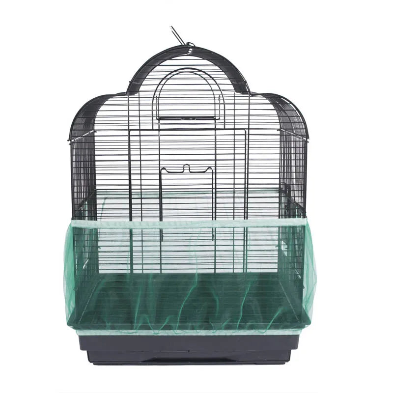 A black mesh bird cage cover with a green breathable nylon base and top.