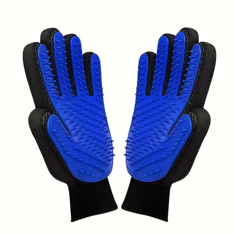 Par de guantes de silicona azules con detalles negros para masaje y eliminación de pelo de mascotas