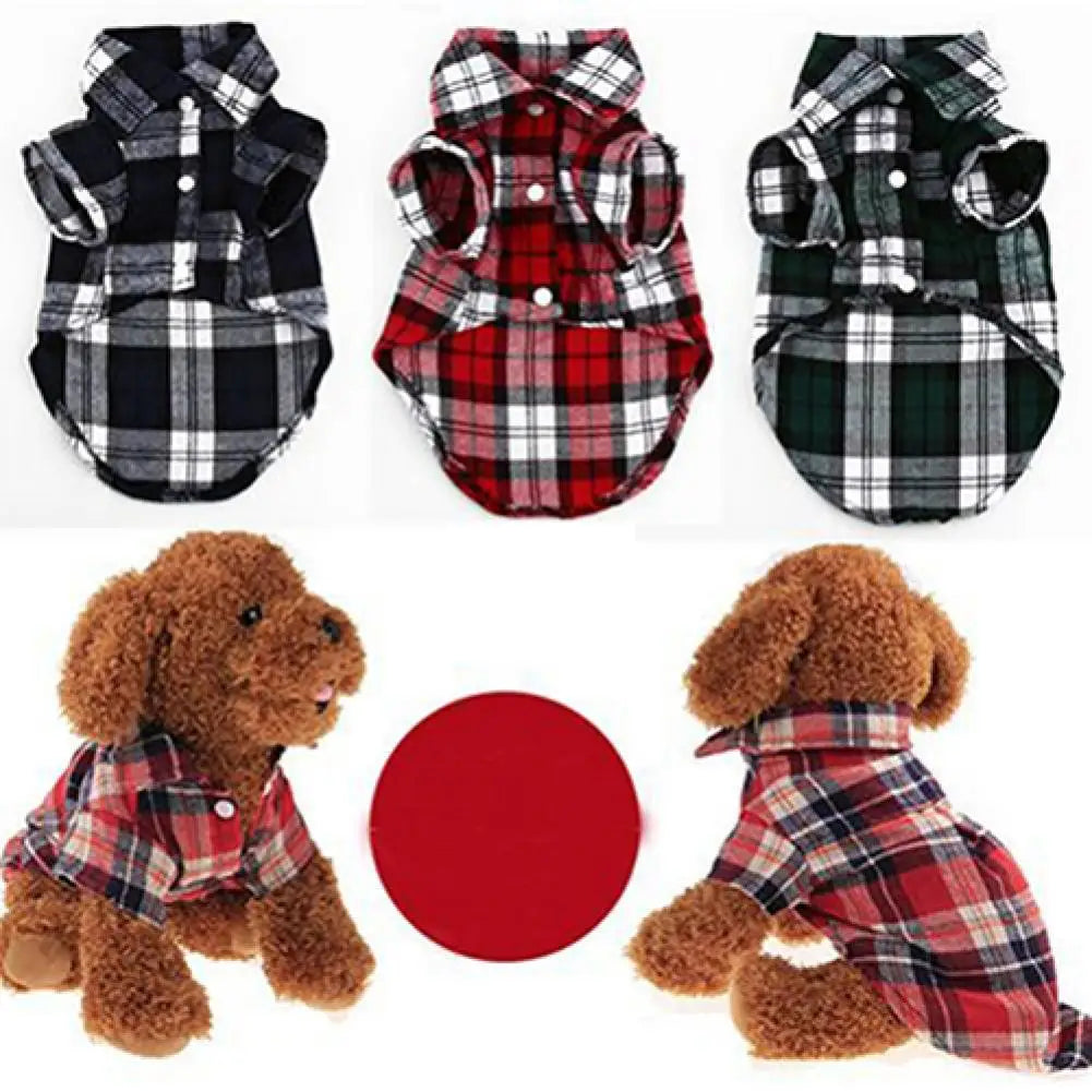A set of plaid button-up shirts for dogs and cats in various patterns and colors.