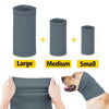 Three sizes of gray soothing dog calming earmuffs are shown next to a dog wearing one.