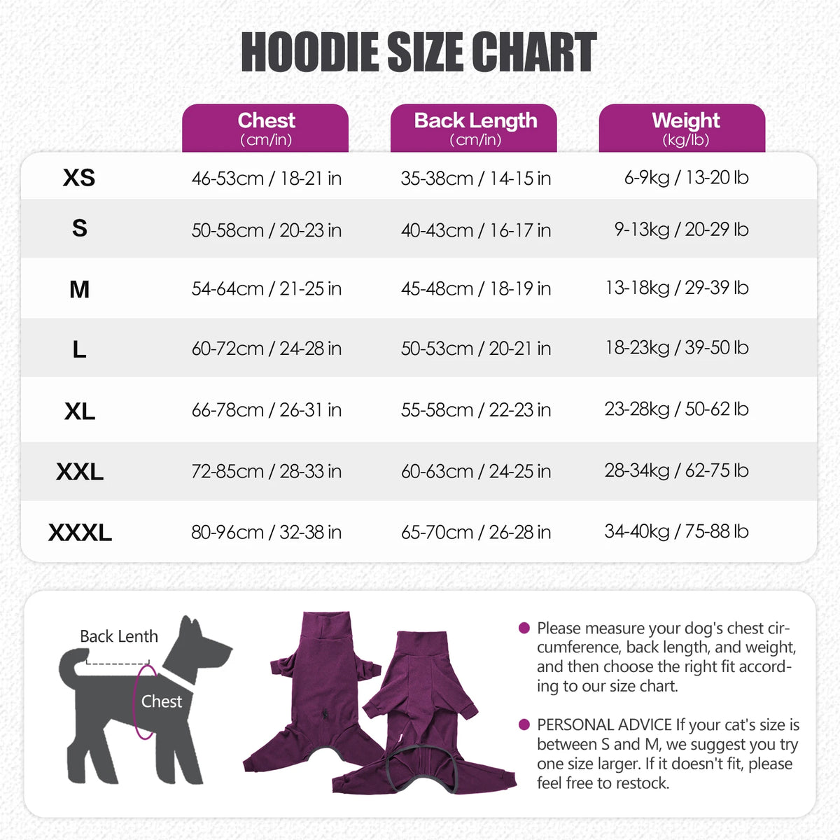 A size chart showing measurements for a hoodie, including chest, back length, and weight.