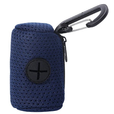 A dark blue reusable dog poop bag with a zippered top and a black cross emblem, featuring a metal clip for easy carrying.