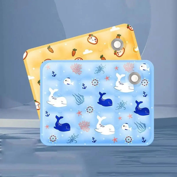 A pair of yellow and blue pet cooling mats featuring various animal designs for dogs.