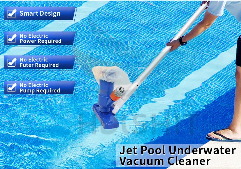 A hand is operating a silver pole with an underwater vacuum cleaner jet cleaning the bottom of a swimming pool.