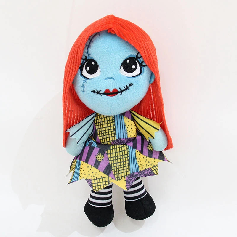 A plush toy of a cartoon skeleton dog with blue skin, orange hair, and colorful patterned clothing.
