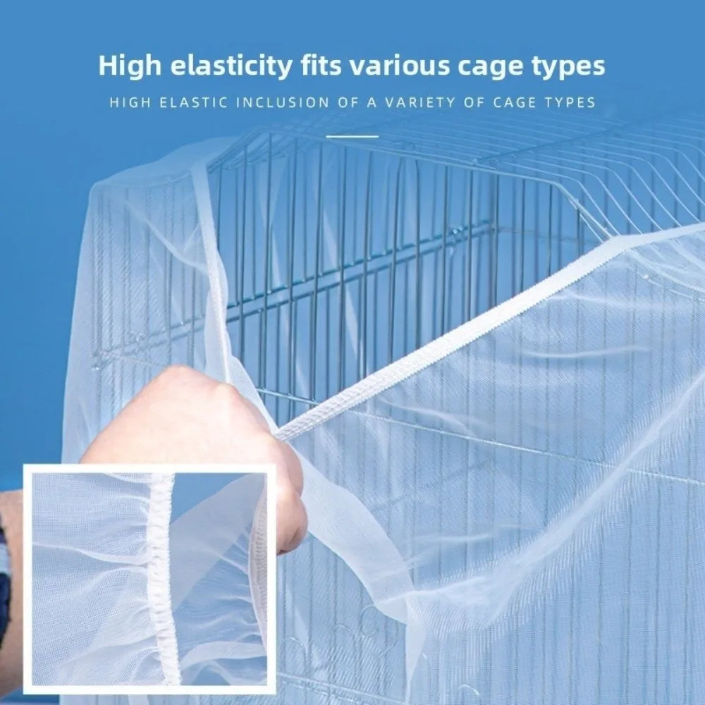 A hand is holding a clear, elastic mesh cover for a bird cage, demonstrating its high elasticity and fit.