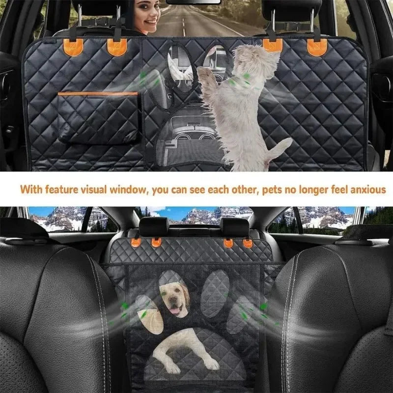 A waterproof dog car seat cover with a mesh window allowing visibility and side zippers installed in a vehicle interior.