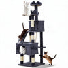 A multi-level cat tree with scratching posts is shown, featuring a white cat and an orange tabby cat.