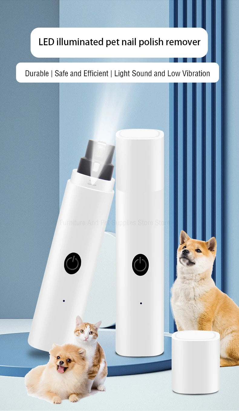 A white LED illuminated pet nail polish remover device is shown next to a dog and a cat.