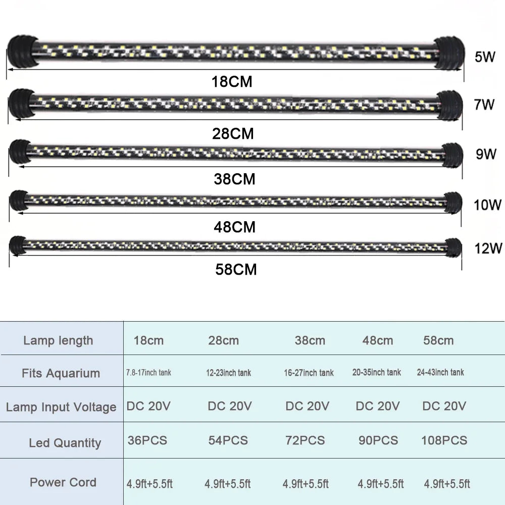 Una serie de tiras de luz LED para acuarios sumergibles con diferentes longitudes y potencias, de 18 cm a 58 cm.