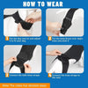 Instructions showing how to wear an adjustable dog knee brace vest and connect the knee straps